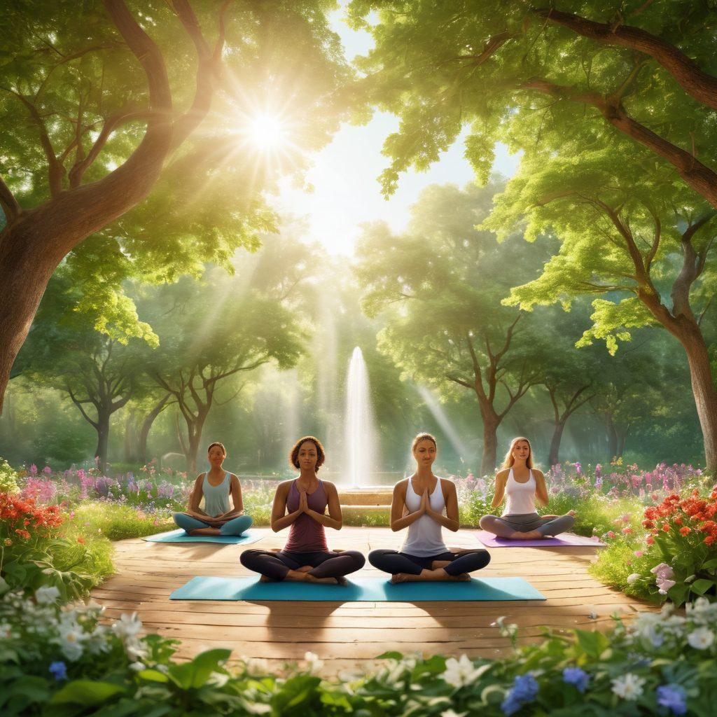A serene scene of a diverse group of people practicing yoga outdoors, surrounded by blooming flowers and green trees, symbolizing hope and healing. Incorporate soft sunlight filtering through the leaves, and add elements like a water fountain and healthy food displays nearby. Illustrate an atmosphere of community support and wellness. super-realistic. vibrant colors. natural setting.