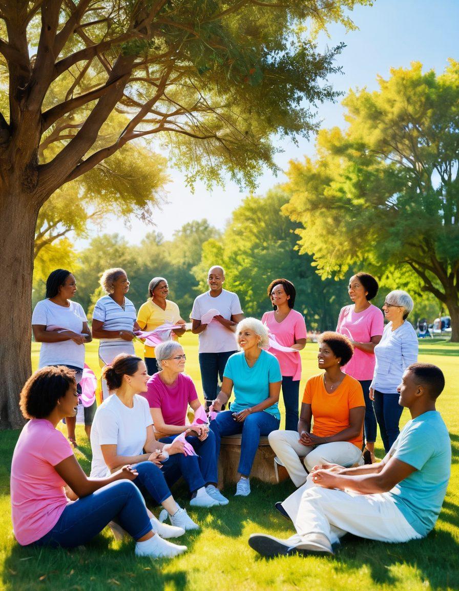 A compassionate scene depicting a diverse group of cancer survivors sharing stories in a sunlit park, surrounded by colorful awareness ribbons fluttering in the breeze. Include a cozy support circle with warm smiles and hopeful expressions, symbolizing unity and strength. Emphasize vibrant colors to evoke emotion and lightness, with a soft focus on the background for warmth. super-realistic. vibrant colors. soft focus.